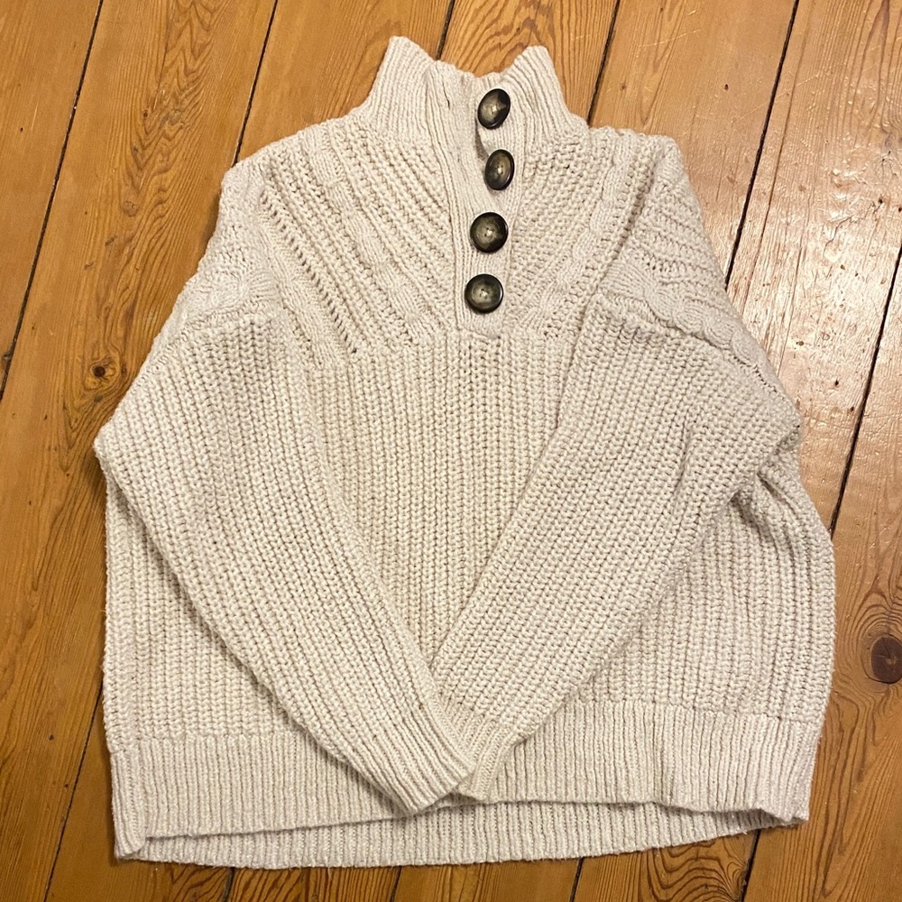 aerie Cream Button-Front Chunky Knit Turtleneck Sweater